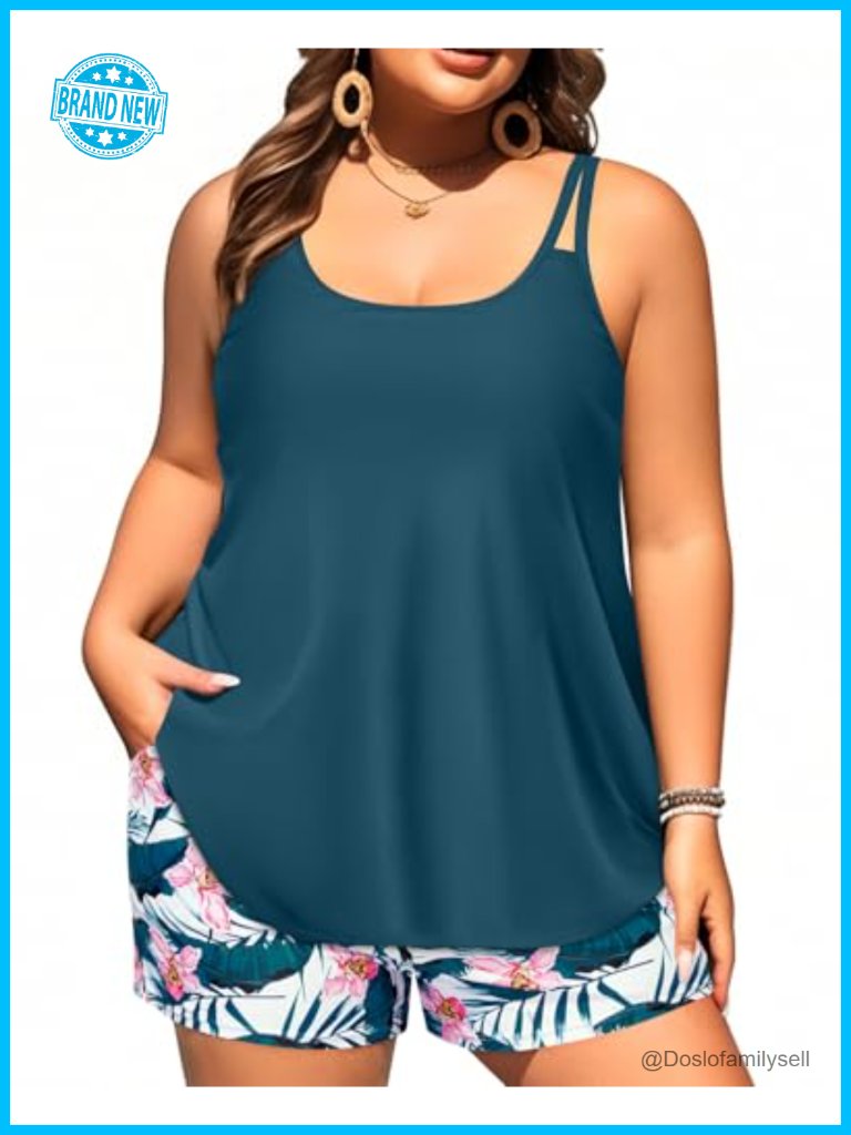 Plus Size Tankini Set With Shorts - Modest Swimsuit Two Piece Bathing Suit